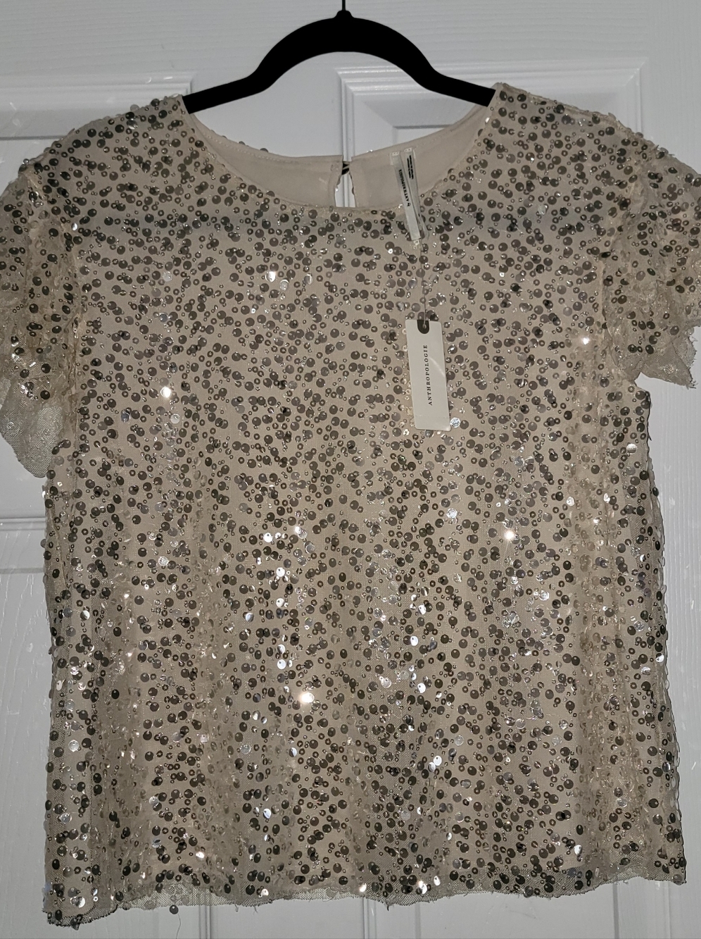 Anthropologie Cream Sequin Short Sleeve Blouse. Size M
